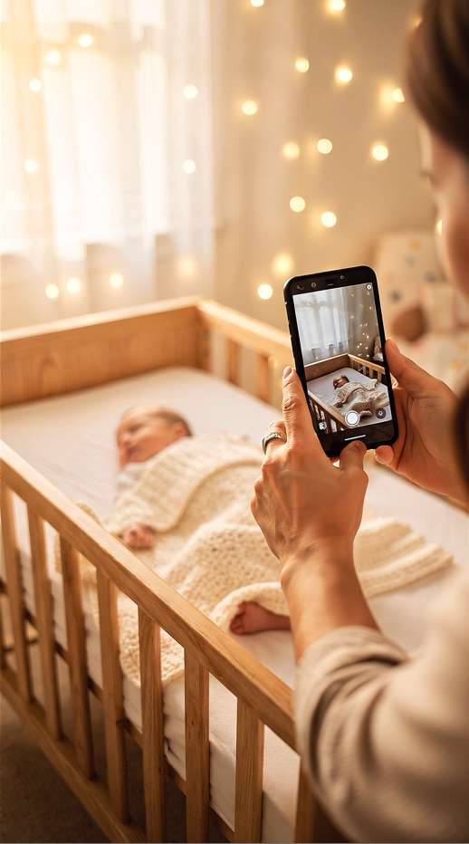 A parent photographing a sleeping baby