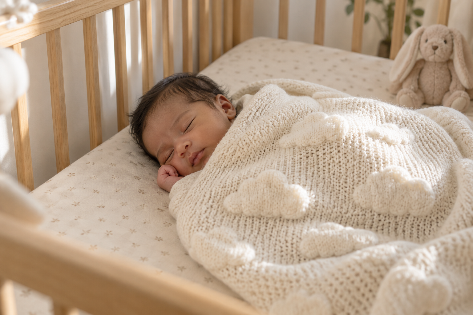 Baby Carter asleep in Aunt Maria's hand-knit blanket