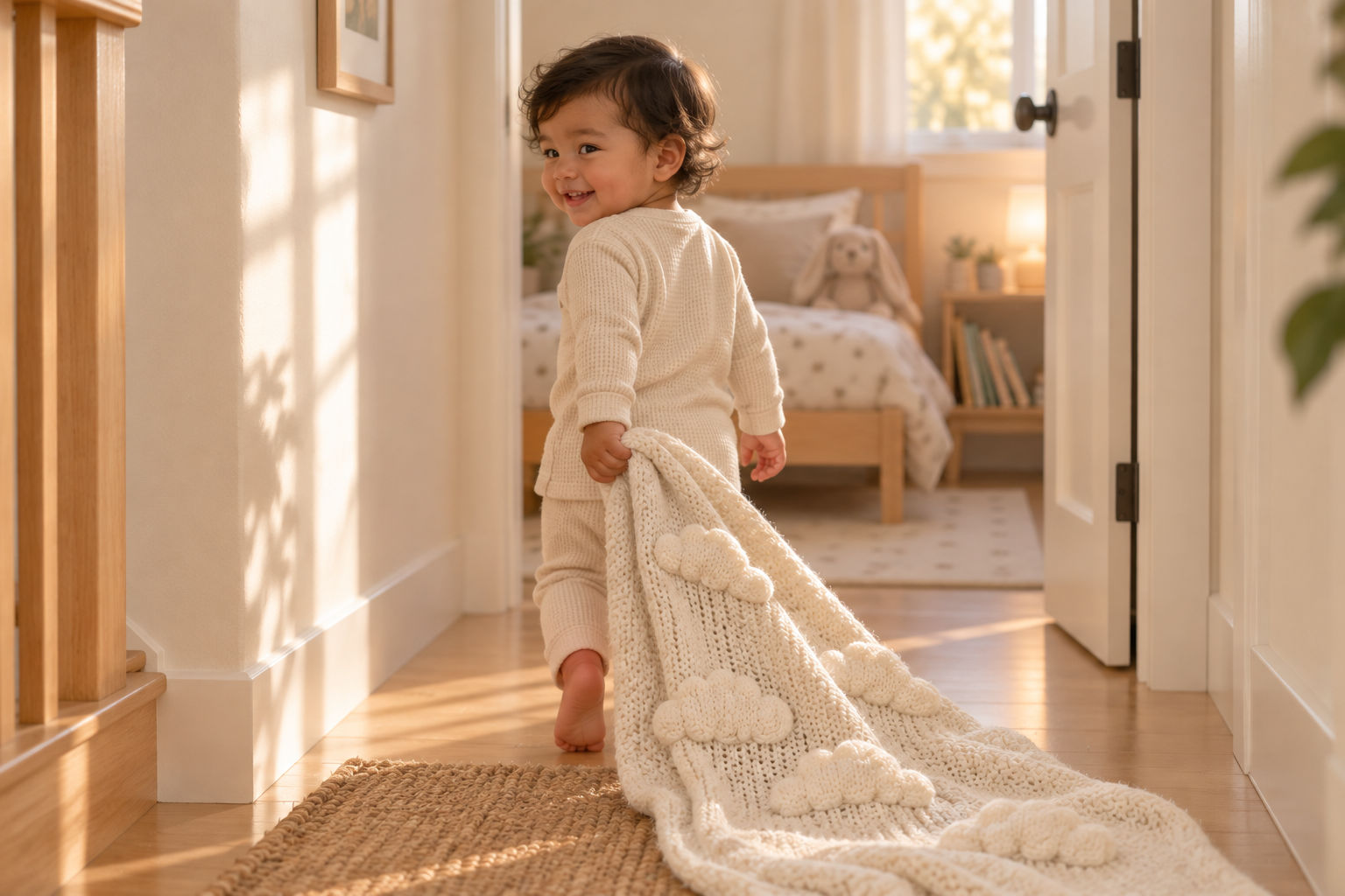 Toddler Carter carrying Aunt Maria's hand-knit blanket toward his room