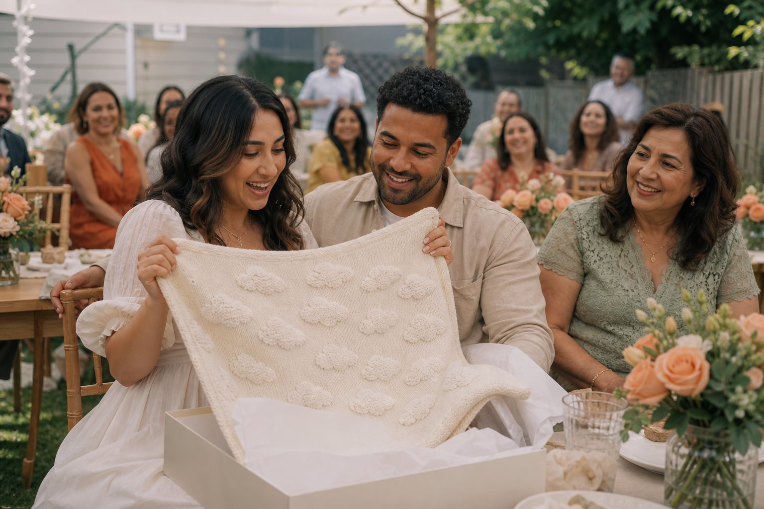 Maya and Jordan opening a handmade blanket at their baby shower