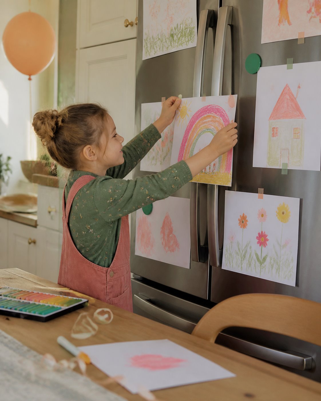 A child displaying artwork made with a birthday art set on the refrigerator