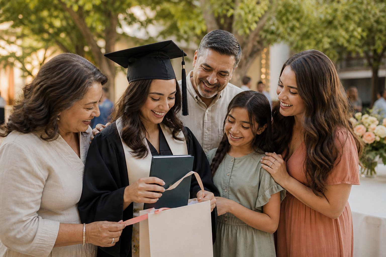 A graduate celebrating with family