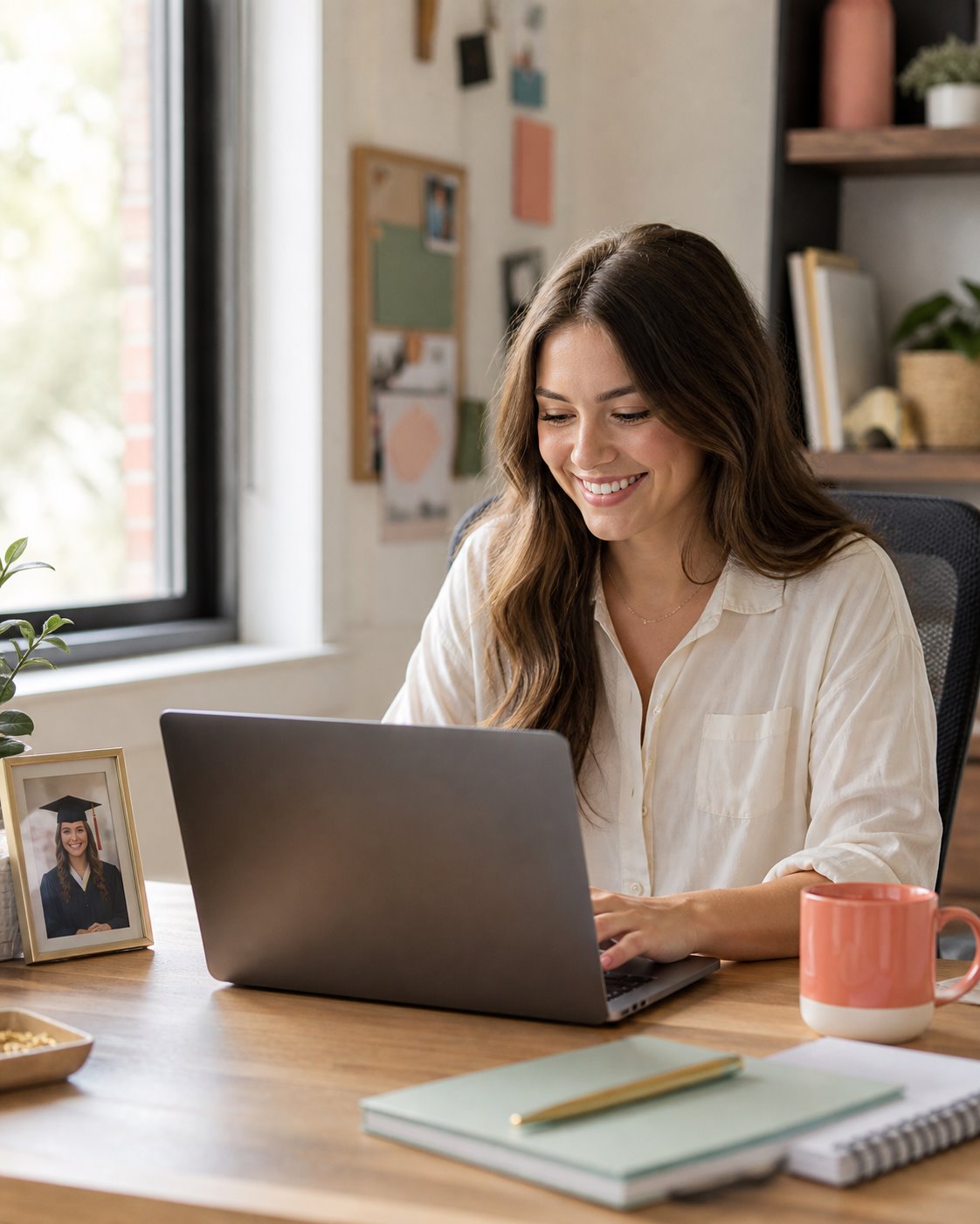 A recent graduate using a gifted laptop during her first week at a new job