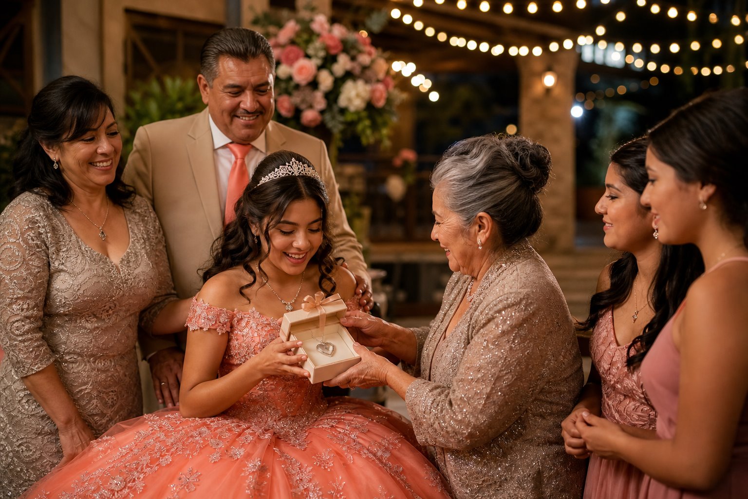 A quinceañera receiving a keepsake from her grandmother