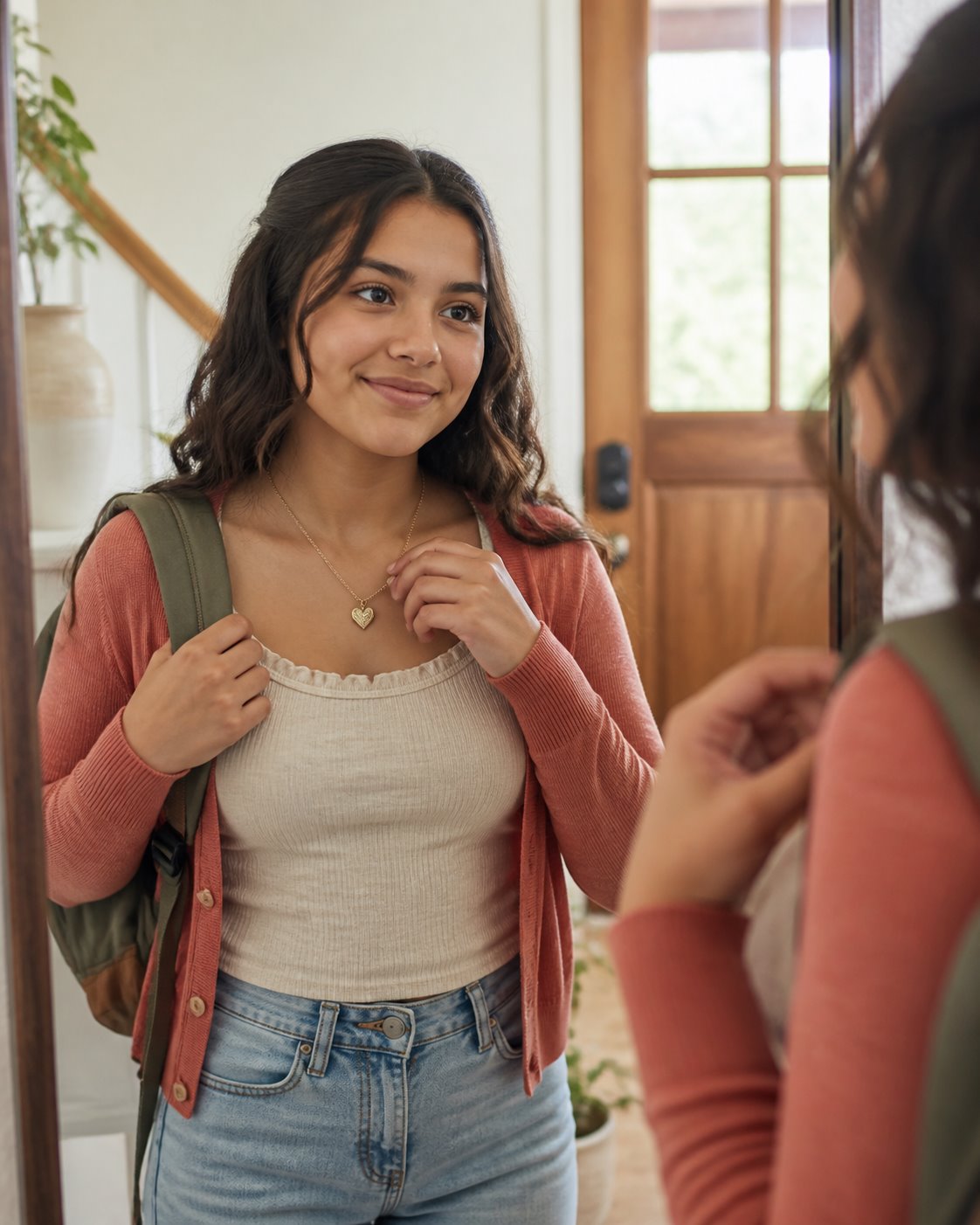 A teenage girl wearing her grandmother's keepsake necklace on her first day of high school