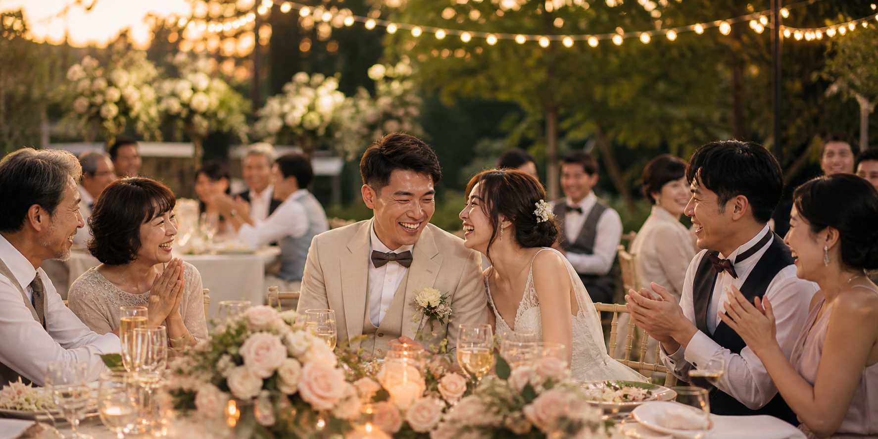 Newlyweds celebrating with family and friends at an outdoor reception